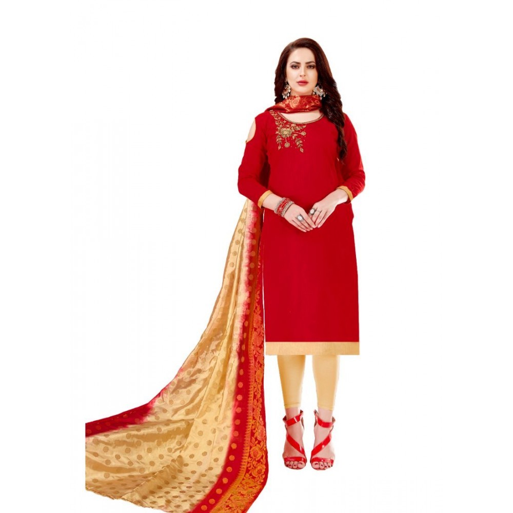 Women's Slub Cotton Unstitched Salwar-Suit Material With Dupatta