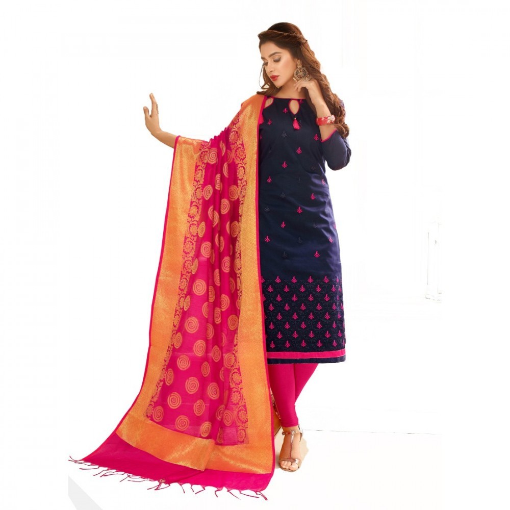 Cotton Fabric Navy Blue Color Unstitched Salwar-Suit Material With Dupatta
