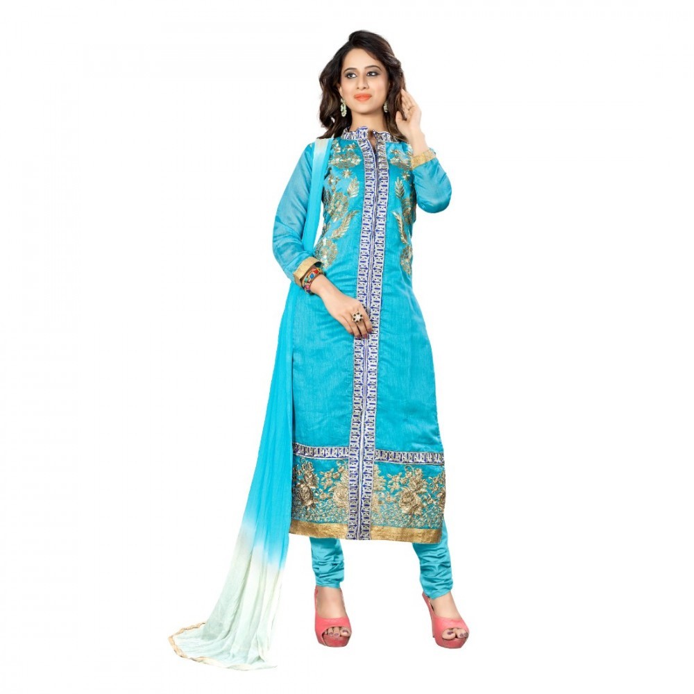 Chanderi Fabric Sky Blue Color Unstitched Salwar-Suit Material With Dupatta
