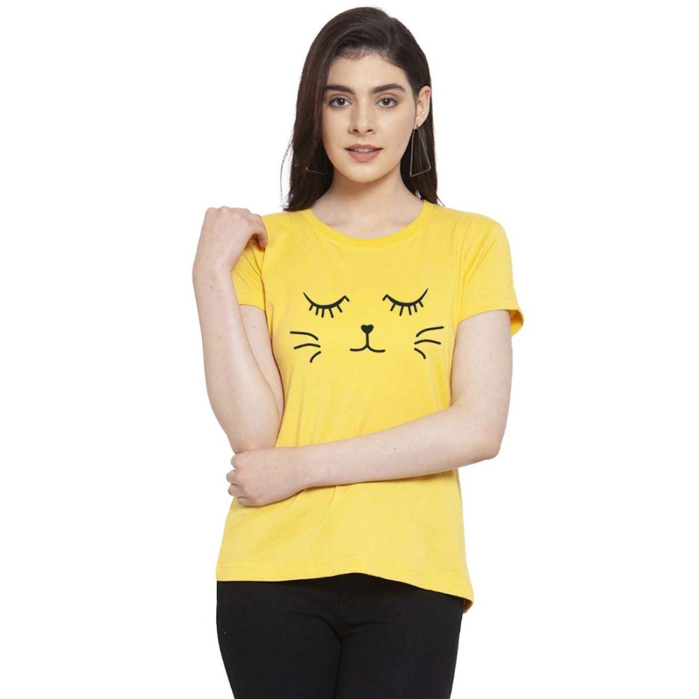 Women's Cotton Blend Graphic Cat Printed T-Shirt