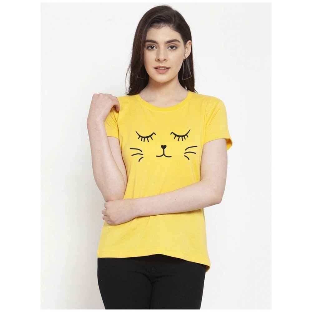 Women's Cotton Blend Graphic Cat Printed T-Shirt