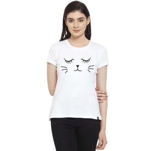 Women's Cotton Blend Graphic Cat Printed T-Shirt
