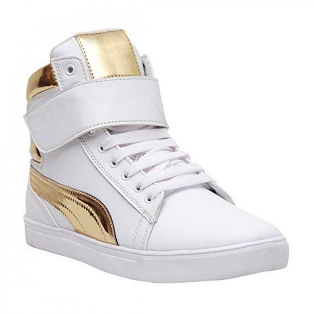 Men's White,Gold Color Synthetic Material Casual Sneakers