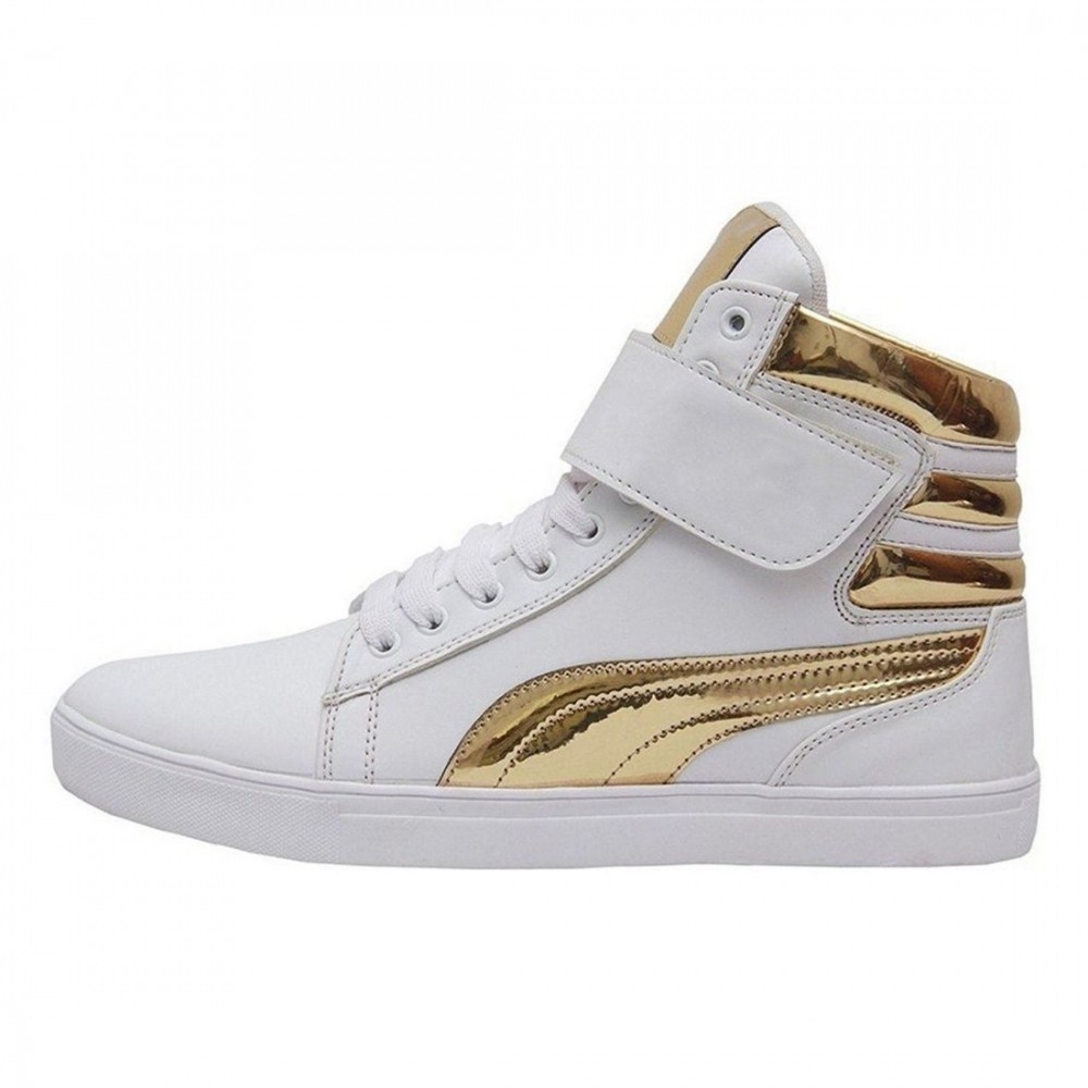 Men's White,Gold Color Synthetic Material Casual Sneakers