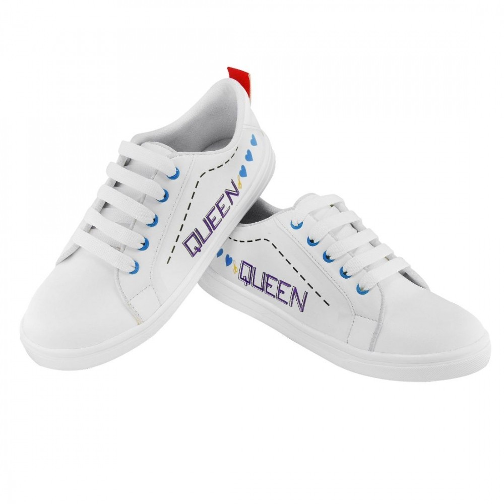Women White,Blue Color Leatherette Material Casual Sneakers