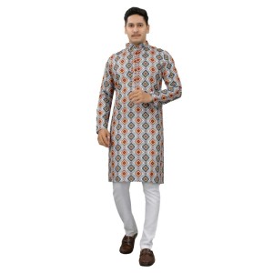 Men's Multi Color Full Sleeves Mandarin Collar Printed Ethnic Kurta Set