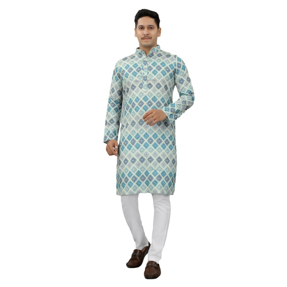 Men's Multi Color Full Sleeves Mandarin Collar Printed Ethnic Kurta Set