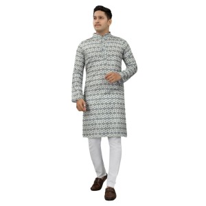 Men's Multi Color Full Sleeves Mandarin Collar Printed Ethnic Kurta Set