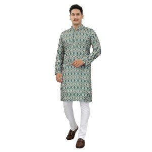 Men's Multi Color Full Sleeves Mandarin Collar Printed Ethnic Kurta Set