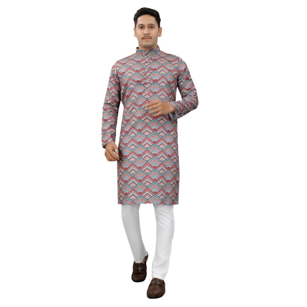 Men's Multi Color Full Sleeves Mandarin Collar Printed Ethnic Kurta Set