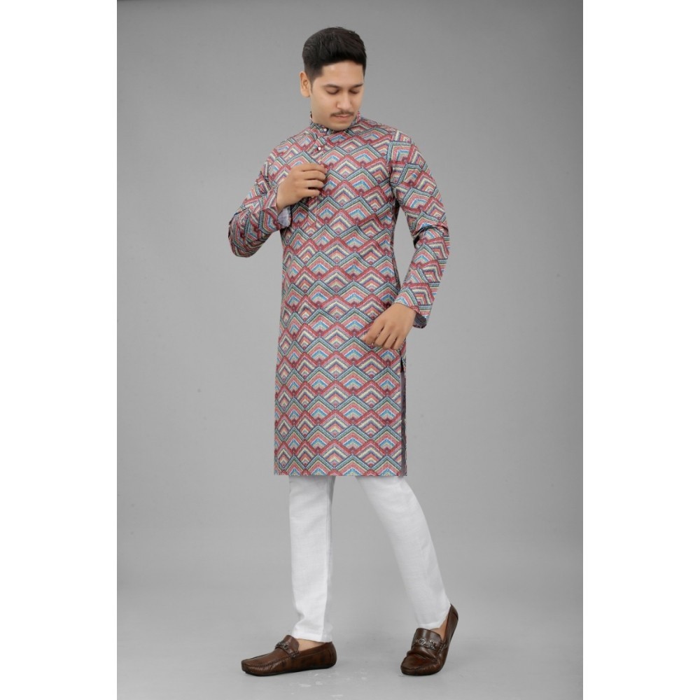 Men's Multi Color Full Sleeves Mandarin Collar Printed Ethnic Kurta Set