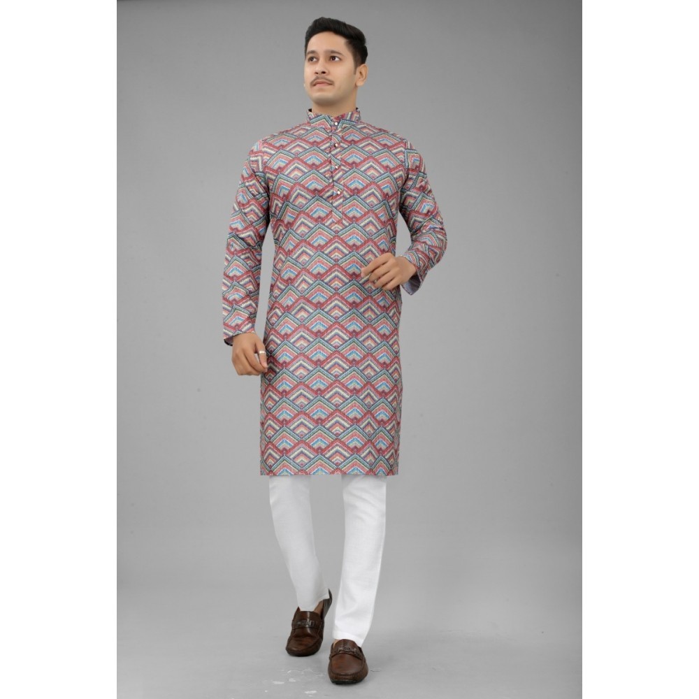 Men's Multi Color Full Sleeves Mandarin Collar Printed Ethnic Kurta Set