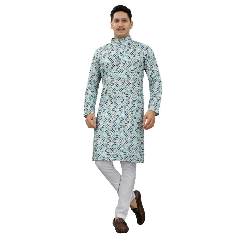 Men's Multi Color Full Sleeves Mandarin Collar Printed Ethnic Kurta Set