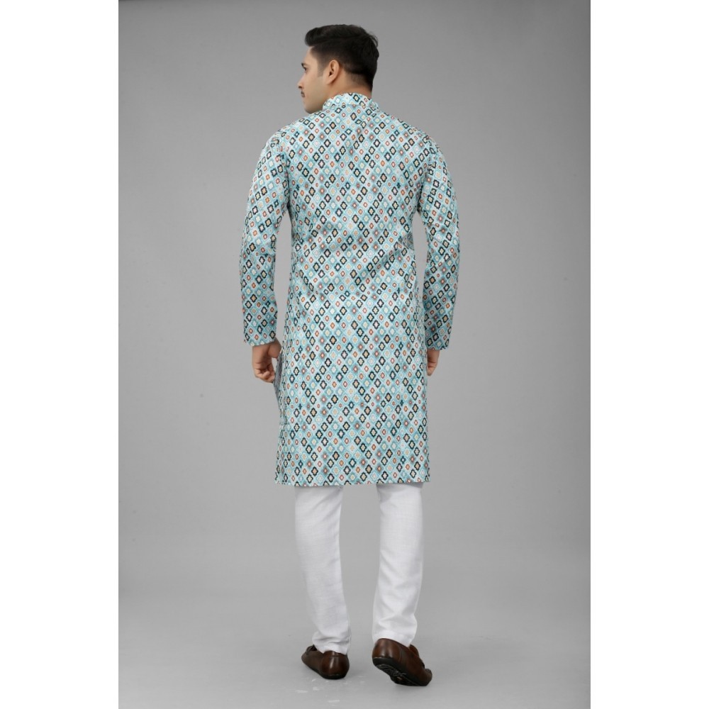 Men's Multi Color Full Sleeves Mandarin Collar Printed Ethnic Kurta Set