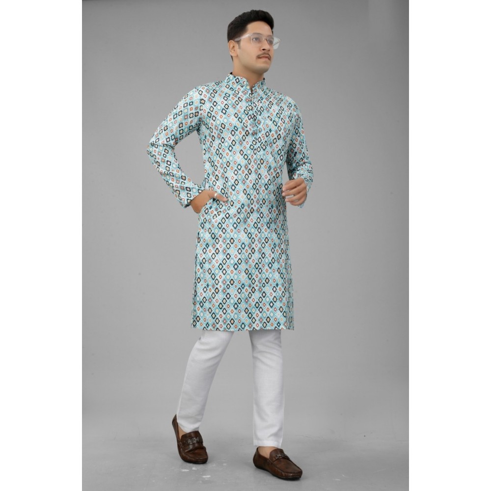 Men's Multi Color Full Sleeves Mandarin Collar Printed Ethnic Kurta Set