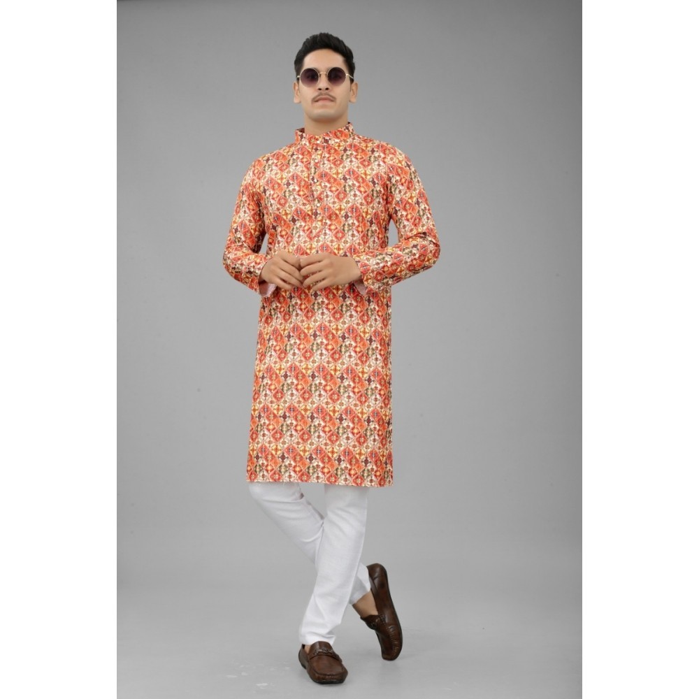 Men's Multi Color Full Sleeves Mandarin Collar Printed Ethnic Kurta Set