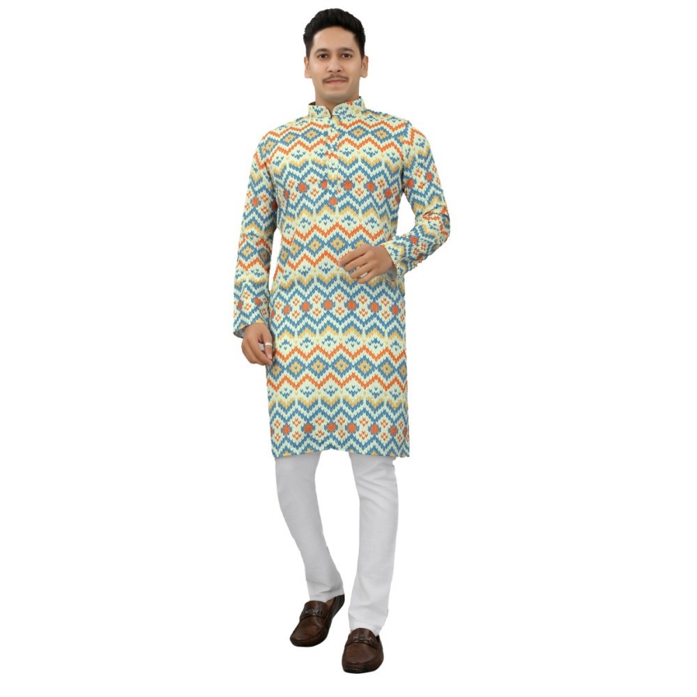 Men's Multi Color Full Sleeves Mandarin Collar Printed Ethnic Kurta Set