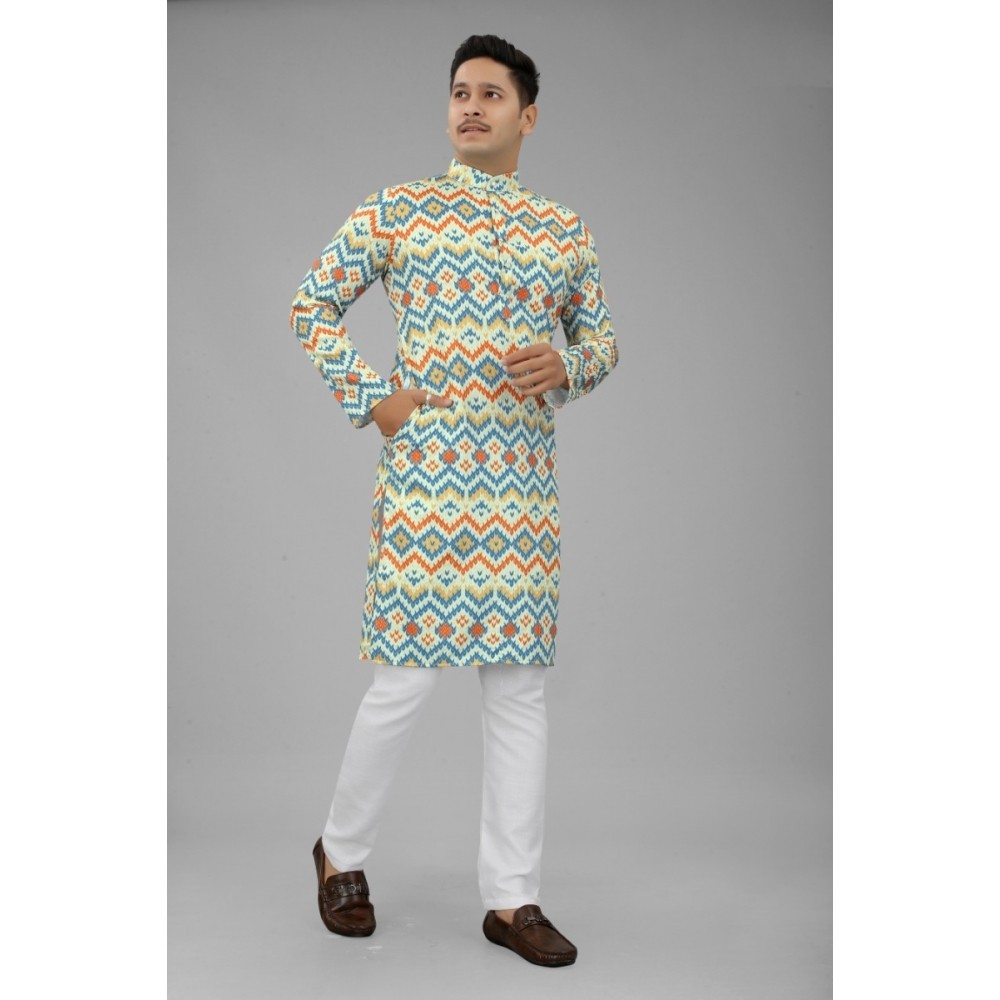 Men's Multi Color Full Sleeves Mandarin Collar Printed Ethnic Kurta Set