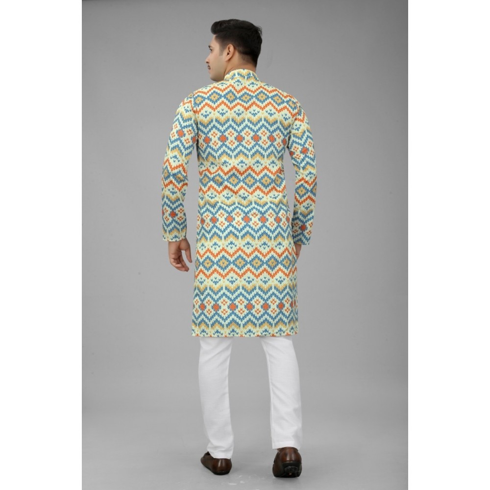 Men's Multi Color Full Sleeves Mandarin Collar Printed Ethnic Kurta Set