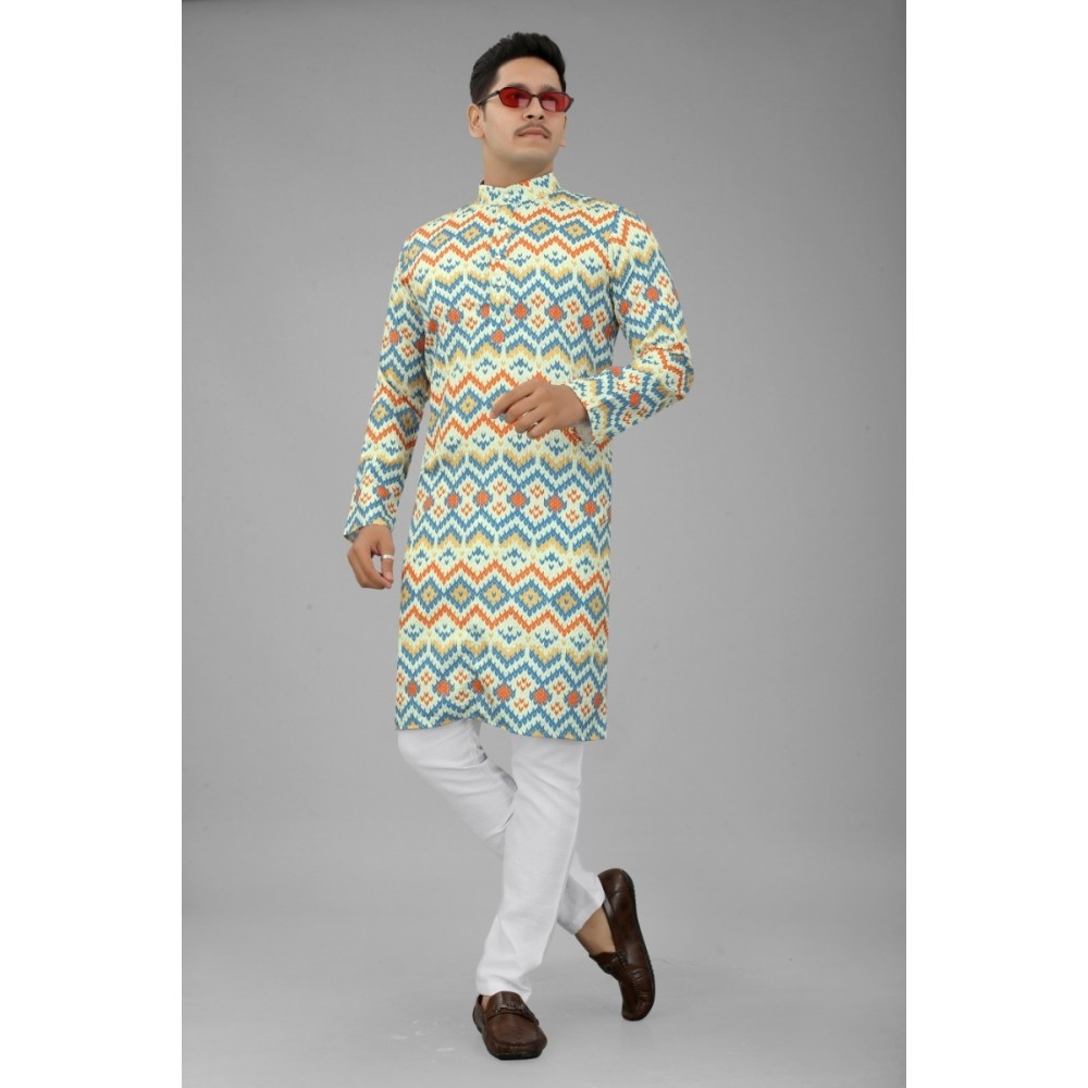 Men's Multi Color Full Sleeves Mandarin Collar Printed Ethnic Kurta Set