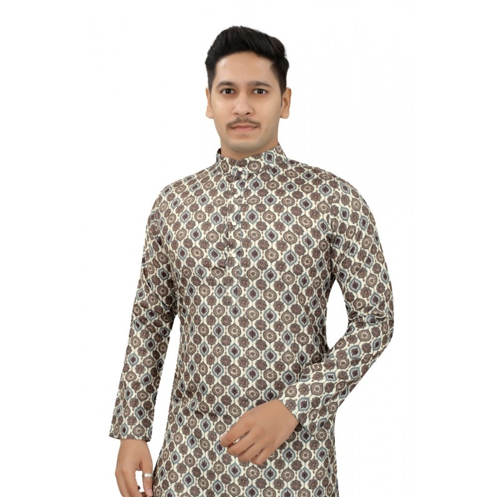 Men's Multi Color Full Sleeves Mandarin Collar Printed Ethnic Kurta Set