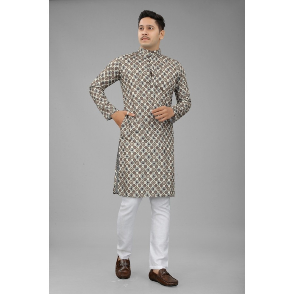 Men's Multi Color Full Sleeves Mandarin Collar Printed Ethnic Kurta Set