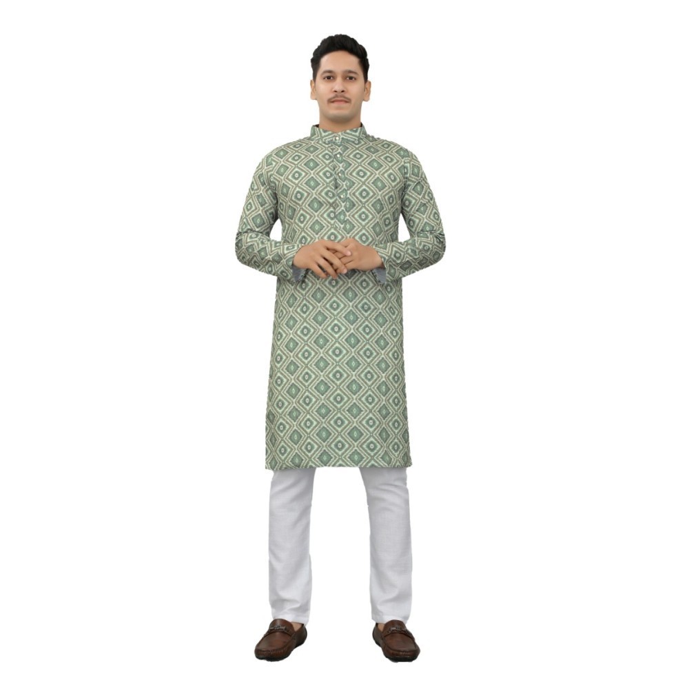 Men's Multi Color Full Sleeves Mandarin Collar Printed Ethnic Kurta Set