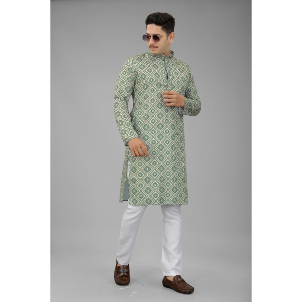 Men's Multi Color Full Sleeves Mandarin Collar Printed Ethnic Kurta Set