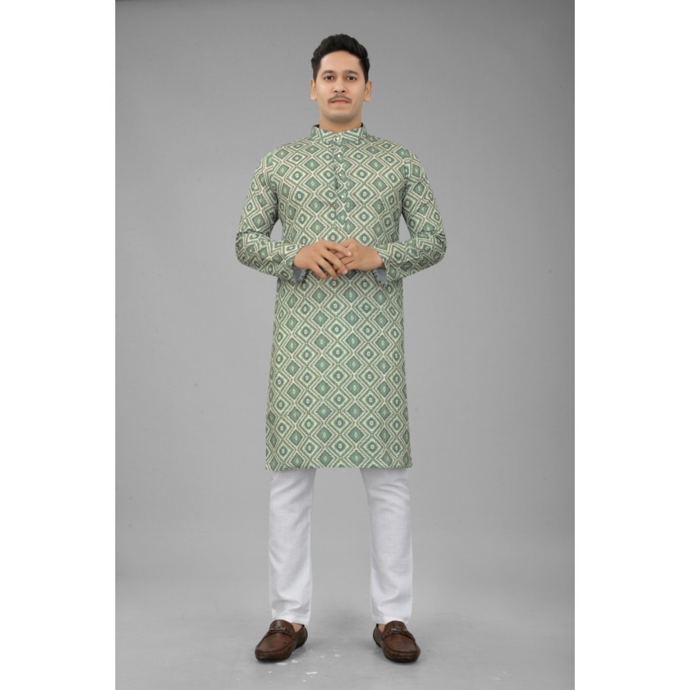 Men's Multi Color Full Sleeves Mandarin Collar Printed Ethnic Kurta Set