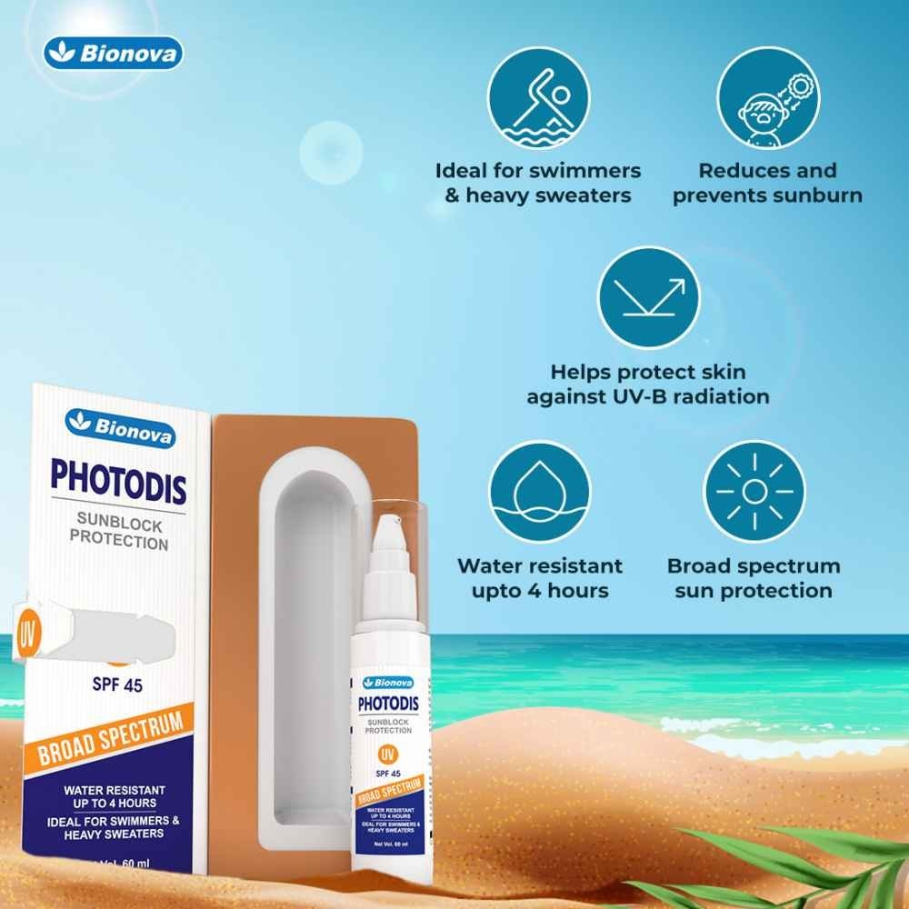 Photodis Sunscreen Lotion, Water Resistant With SPF-45 Ideal For Heavy Sweaters & Swimmers - 60ml