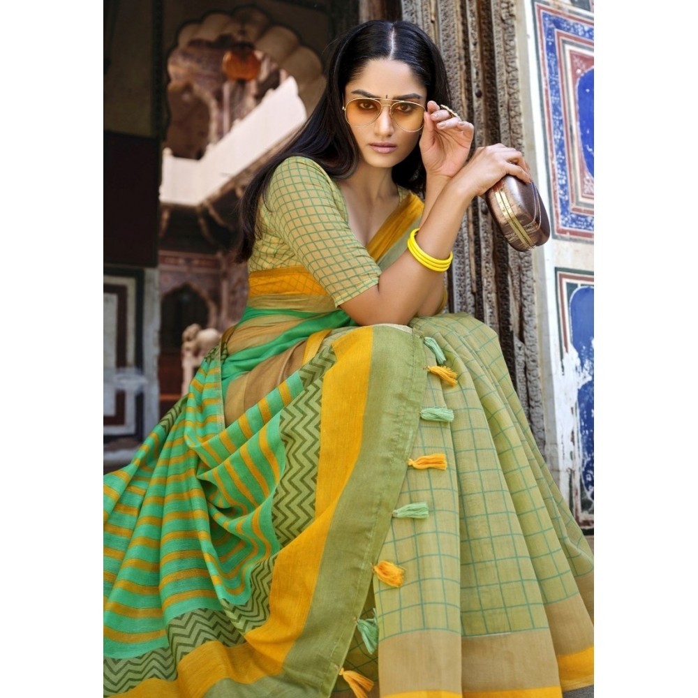 Women's Cotton Checks Printed Saree With Blouse