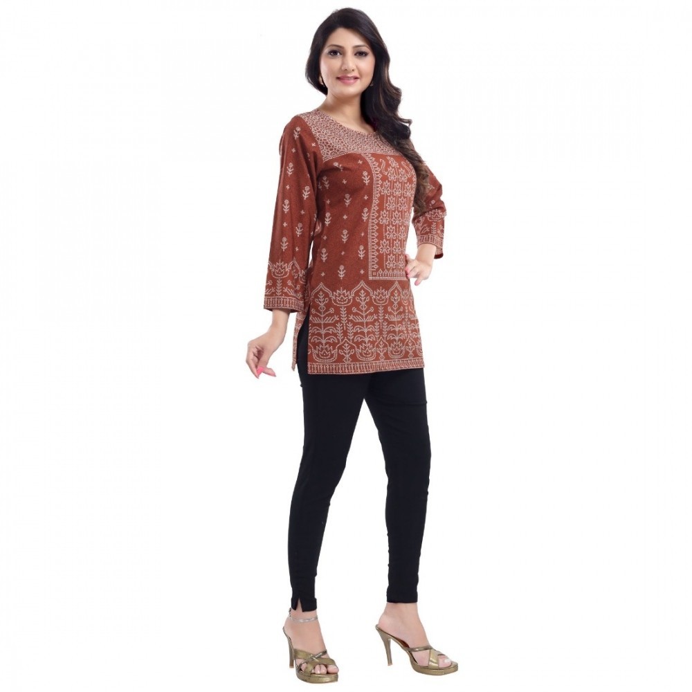 Women's Quarter Sleeve Faux Crepe Printed Short Kurti Tunic Top