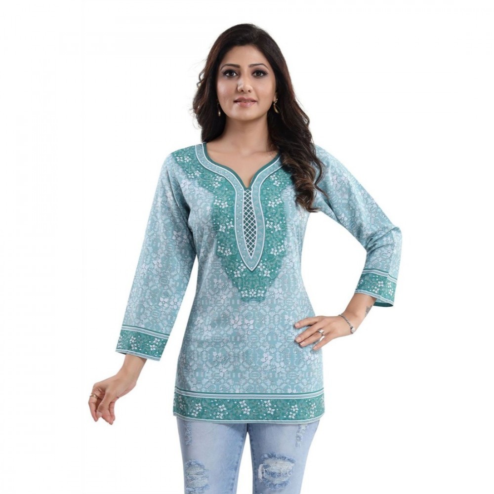 Women's Quarter Sleeve Faux Crepe Printed Short Kurti Tunic Top