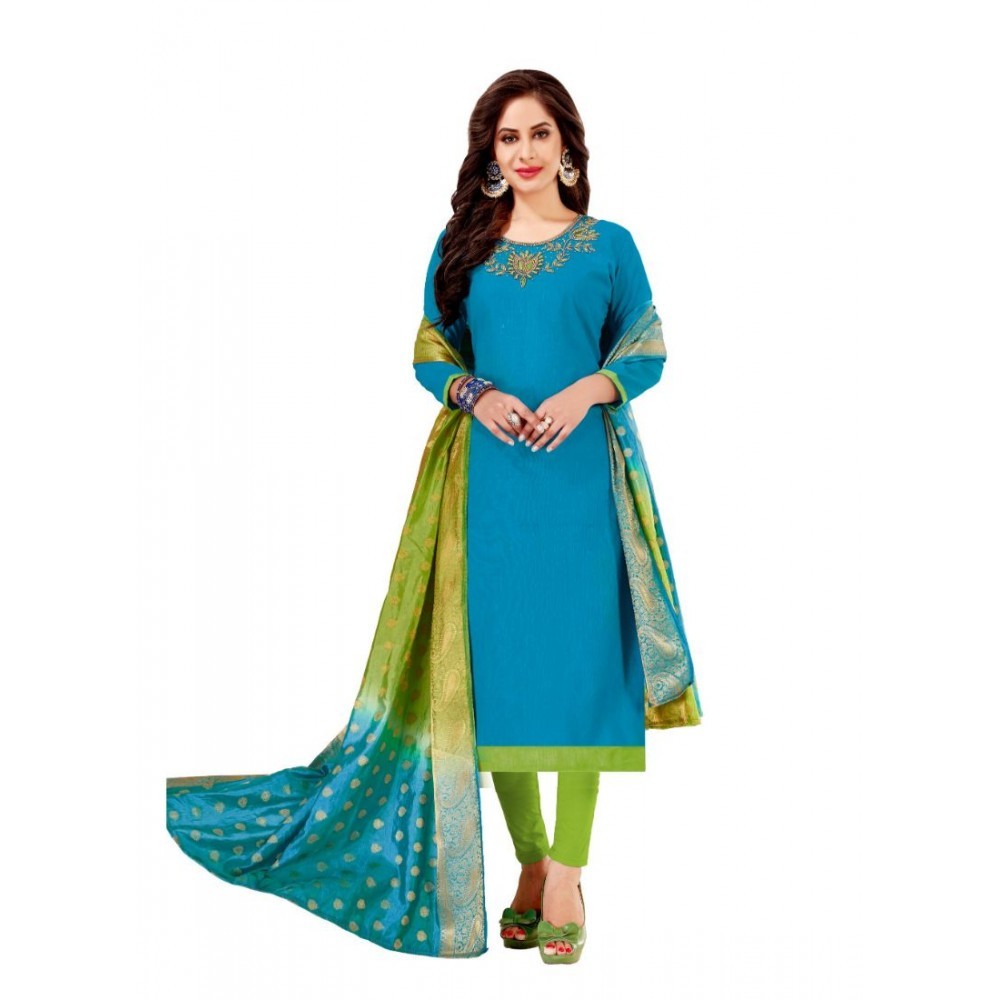 Women's Slub Cotton Unstitched Salwar-Suit Material With Dupatta