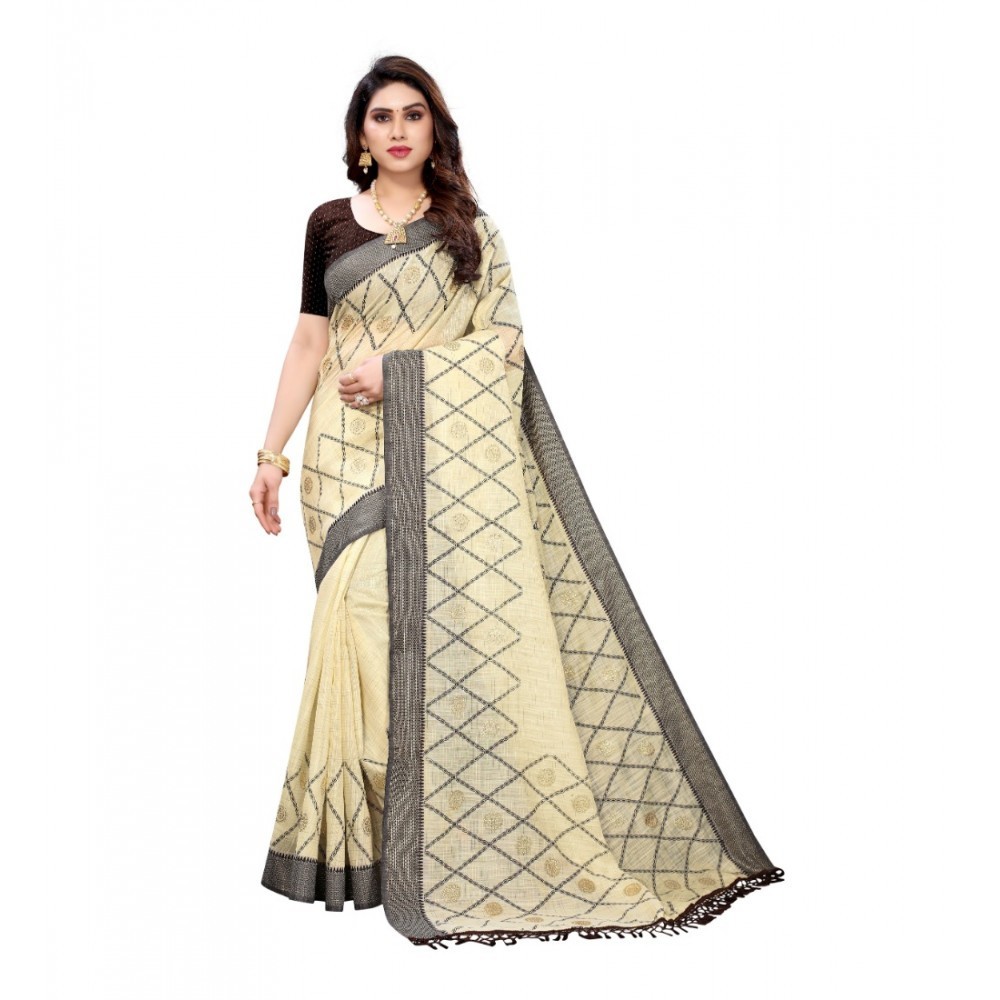 Women's Slub Cotton Mukaish Work Printed Sarees