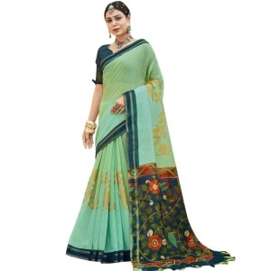 Women's Cotton Floral Pattern Foil Printed Saree With Blouse
